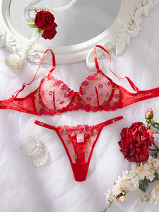 Ensemble de lingerie sexy rouge en dentelle transparente brodée florale avec soutien-gorge push-up pour femmes - Product Image 2