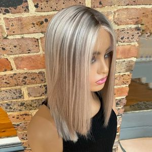 Pelucas de Cabello Humano Brasileño Remy con Reflejos Rubios <span class=keywords><strong>Ceniza</strong></span>, Corte Bob <span class=keywords><strong>Corto</strong></span>, Cutícula Alineada, Grado 10A, Encaje Transparente HD, Venta al Por Mayor - Product Image 3