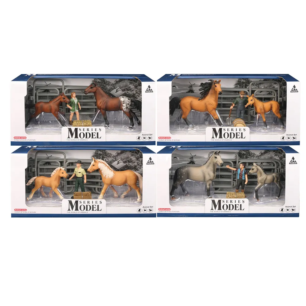 Sólidos vívidos fazenda animal conjunto brinquedo plástico cavalo figurinhas com humanos