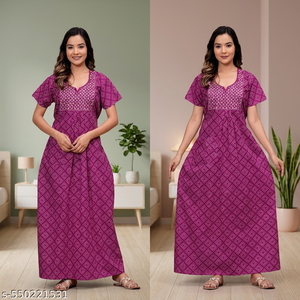 Robe de nuit longue confortable pour femme en coton imprimé Jaipuri, fermeture boutonnée, taille unique, motif animalier doux, MOQ 3 pièces - Product Image 3