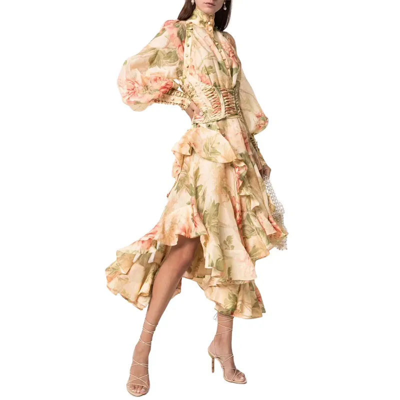 Puff Sleeve Ladies Elegant Clothing Stand Collar Collect Waist Evening Dress Heavy Rivet Irregular Printed Women Dresses