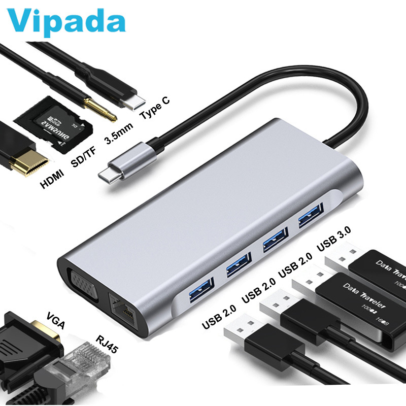 11 в 1 Тип C концентратор USB C до 3,5 мм аудио HD-MI USB 3,0 RJ45 Ethernet VGA USB C концентратор для док-станции для ноутбуков адаптер для macbook pro