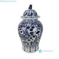 Pot en porcelaine à couvercle motif poisson fleur bleu et blanc RZKR69-F-G avec urne de pot de fleur en céramique fleuron Foo Dog