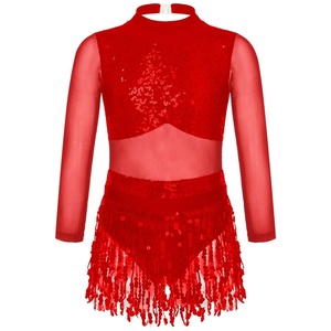 Costume de danse pour enfants de 6 à 16 ans Vêtements de danse latine pour filles Robe de danse à pompons de style à manches longues et à paillettes - Product Image 4