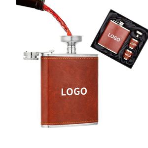 2026 <b>Small</b> Metal Hip Custom Stainless Leather Wrapped Whisky Liquor <b>Flask</b> Set With Logo for Men - Product Image 1