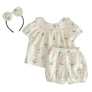 Ivy42408A 2024 Summer Baby Girls Doll Collar Blossom Rompers Infants Outfits Toddlers Tulip Print Romper