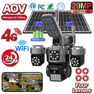 Caméra de surveillance extérieure sans fil CCTV 4G solaire 10K avec carte SIM, 16000 mAh, zoom 12x, 4 objectifs AOV PTZ IP, WiFi réseau - Product Image 1