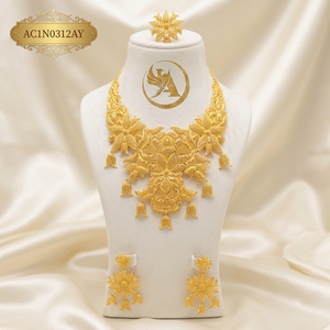 Premium Brass African Wedding Gold Plated Flower Necklace and Earrings Set for Women Wedding Statement Jewelry AC1N0312AY - Product Image 1