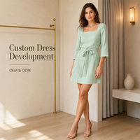 Robe courte ample en lin/coton unie avec col carré, manches trois-quarts et lien à nouer pour femme, printemps-été, décontractée