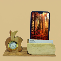 Houten appelklok met telefoonstandaard en kaarthouder, handgemaakt bamboe kantoor cadeau, creatief ontwerp