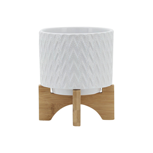 Maceta de Cerámica con Soporte de Madera, Diseño Texturizado Blanco para Decoración del Hogar y Jardín - Product Image 2