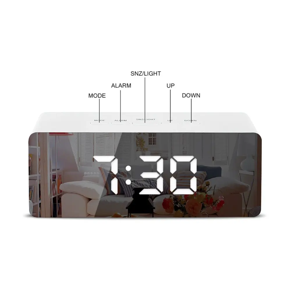 Digital Snooze Table Clock Wake Up Light Electronic Large Time Temperature Display Clock LED Mirror Alarm Clock