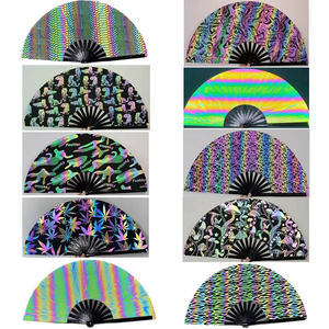 Night <span class=keywords><strong>Club</strong></span> rave Festival Fiesta accesorios fuerte rígido reflectante iridiscente holográfico plegable Clack ventilador de bambú de mano - Product Image 5