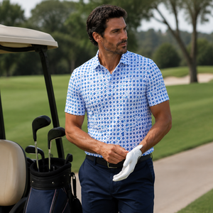Polo de Golf Geométrico Azul Premium Personalizado para Hombre, Ropa Corporativa de Marca Privada con Absorción de Humedad, OEM - Product Image 1