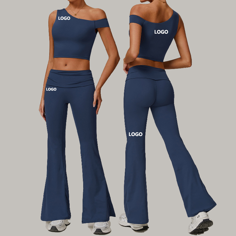 Eco-Friendly Regeneration Sexy Off-shoulder Yoga Suit Wholesale Sports Vest Gym Fitness Running Casual Women's Flared Pants 2pcs