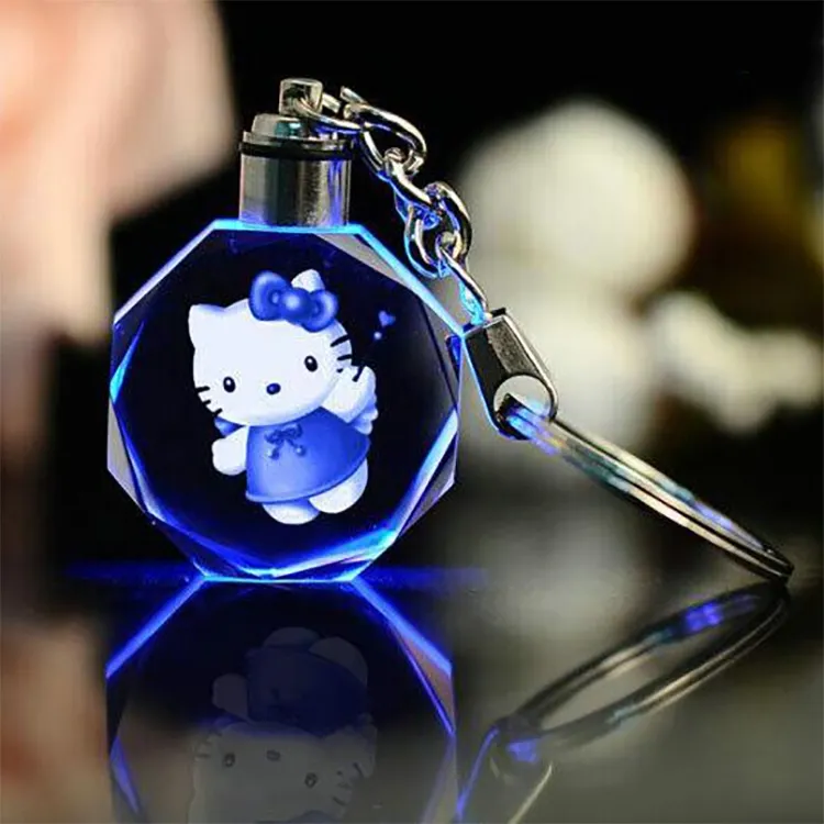 Günstige großhandel Lovely LED k9 Crystal Hello Kitty Key Chain hund Keychain 3D nach laser gravur For Little Girl Souvenir