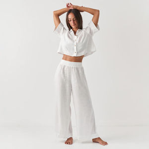 Supporto personalizzato da <span class=keywords><strong>donna</strong></span> <span class=keywords><strong>in</strong></span> <span class=keywords><strong>lino</strong></span> cotone ecologico tessuto organico da <span class=keywords><strong>donna</strong></span> a due pezzi pantaloni larghi <span class=keywords><strong>abbigliamento</strong></span> da <span class=keywords><strong>donna</strong></span> - Product Image 3