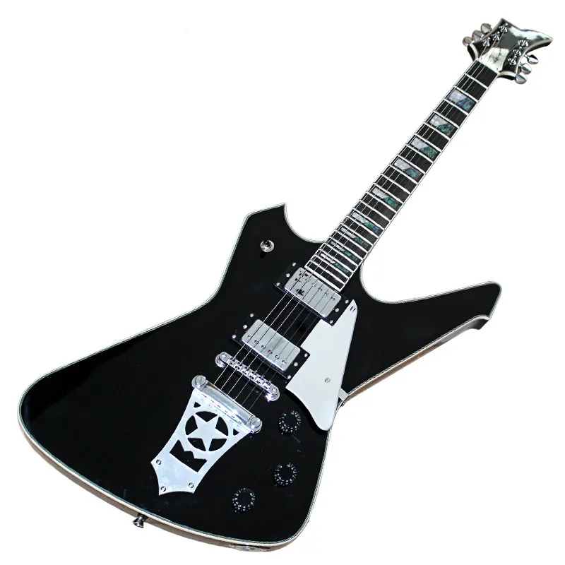 Schwarze ungewöhnlich geformte E-Gitarre mit Palisander Griffbrett, Abalone Inlay/Bindung