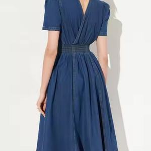 Vestido vaquero de algodón con lavado ácido y efecto desgastado para mujer, de alta calidad, informal, con solapa, manga corta y cintura ajustada, ideal para otoño. - Product Image 2