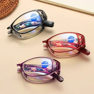 Women Folding portable fashion ultra light elegant comfort anti-blue HD resin reading glasses for the elderly