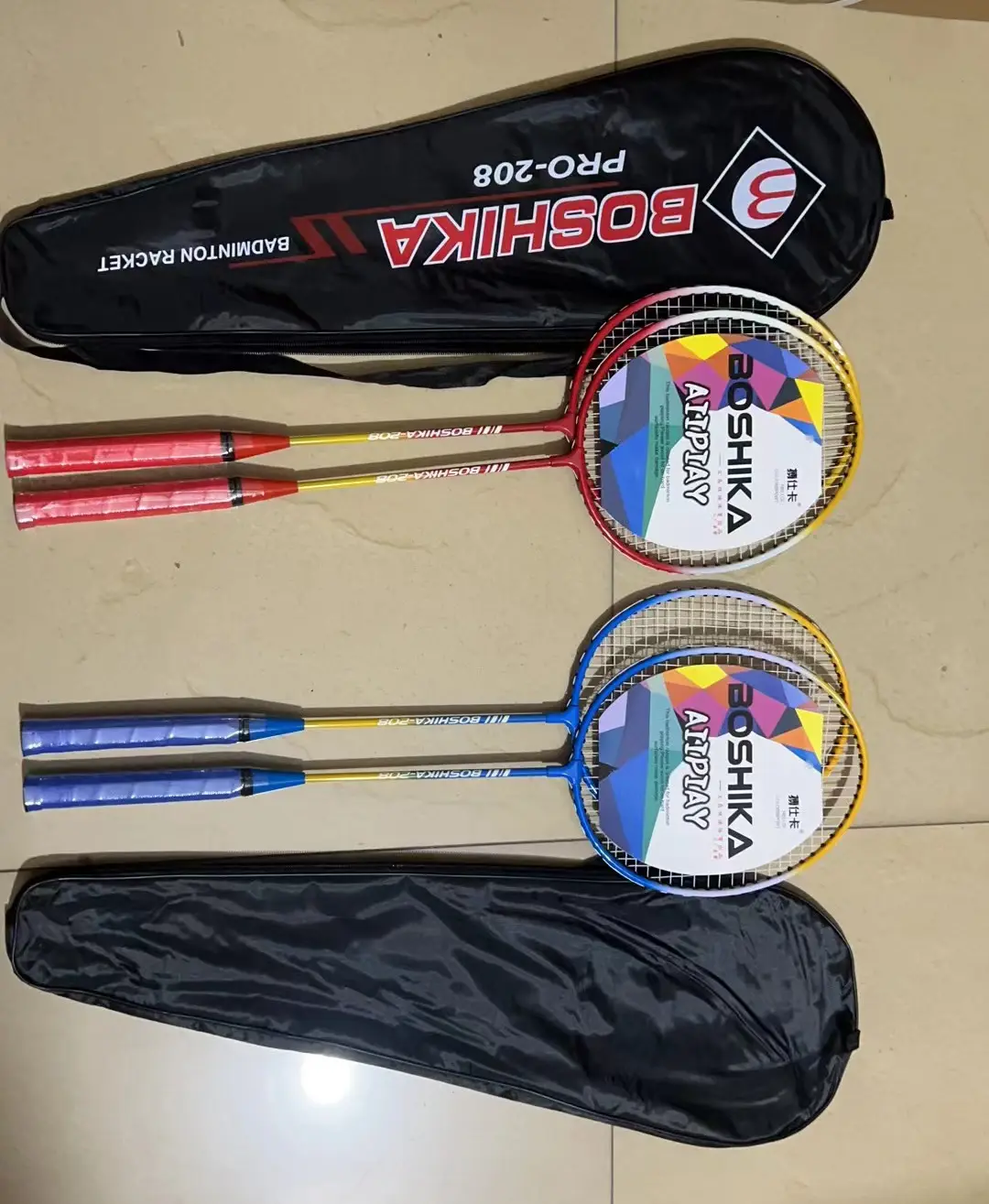 Professional Custom Logo Professional Wholesaler High Quality Boshika Iron Alloy Badminton Racket Set With Oxford Cloth Shooting Bag