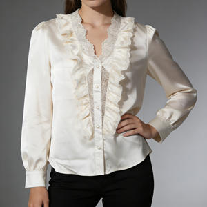 Oferta especial en blusa elegante con cuello en V para mujer de Temu, con volantes de encaje, manga larga y botones de perlas, ideal para el trabajo. - Product Image 2