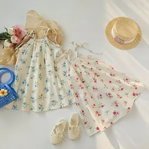 Thời trang mùa hè 2024 bông bên hoa dây đeo váy cho 3 tuổi cô gái