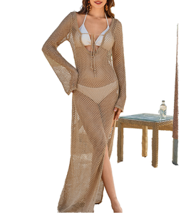 NEW STOCK 3Colors Hollow Out Ruched Mesh Diamonds Ties Front Women Maxi Dress Crochet Summer Slit Sides Beachwear Cover up - Product Image 1
