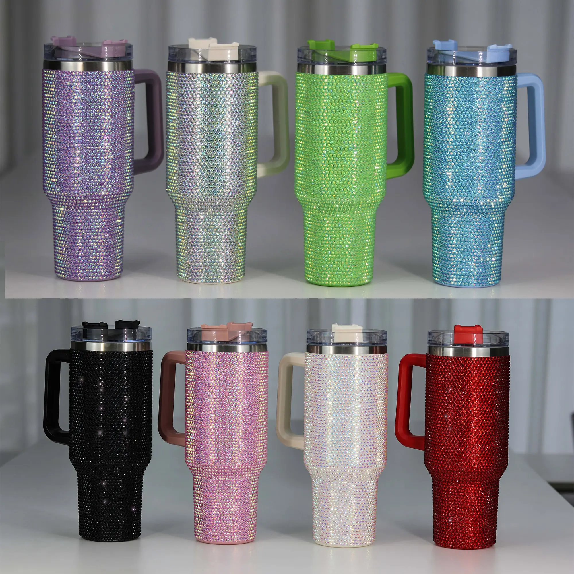 Tumbler berlian imitasi 40oz dengan pegangan bling sapi 40oz tumbler sublimasi dinding ganda baja tahan karat 40oz mug travel