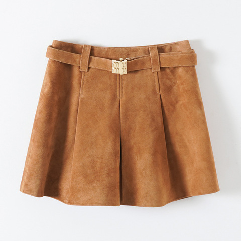 2025 Factory New Design Sheepskin Leather Skirt High Waist Suede Pleated Skirt With Metal Belt for Girls Women