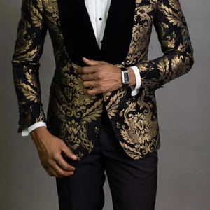 F2023 boda moda 2 piezas negro Floral Jacquard bola hombres traje Delgado <span class=keywords><strong>terciopelo</strong></span> chal solapa boda novio esmoquin blazer Popular - Product Image 3