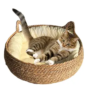 XIANGLONG Large Space Comfortable Both Handles Easy Move Straw Weaving Pet Nest Cat Basket with Thickened Cushion