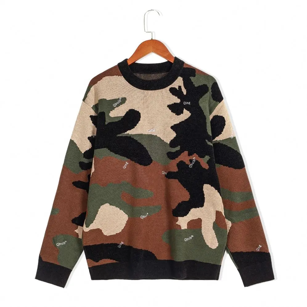 Jersey de estilo militar de punto para hombre, jersey de lana y algodón de manga larga con cuello redondo de camuflaje, Jacquard, venta al por mayor, 2022