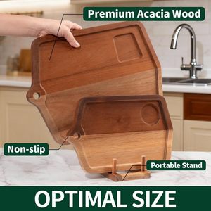 Wooden cutting board, double-sided kitchen cutting board with storage <b>rack</b>, cooked food tray, restaurant serving <b>plate</b>, steak - Product Image 2