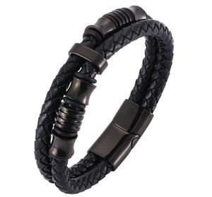 เครื่องประดับสร้อยข้อมือสแตนเลสสร้อยข้อมือหนังผู้ชายสีดำ - Product Image 1