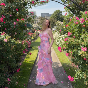 فاخر أنيق نسائي وردي بألوان مائية مطبوع السباغيتي بحمالات مكشكشة مكشكشة فستان سهرة للحفلات من الدانتيل بطول الأرضية طبيعي - Product Image 1