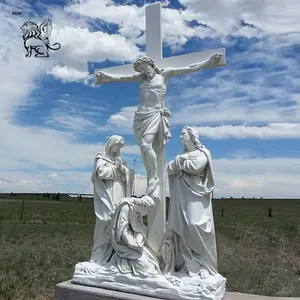 Escultura de Piedra de Jardín Tallada a Mano de Tamaño Real, Cruz de Jesús de Mármol Blanco Religiosa, Estatua de las 14 Estaciones del Vía Crucis - Product Image 1