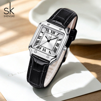 Montre pour femme SK Fashion en cuir noir et acier inoxydable, cadran carré à quartz, prête à être expédiée