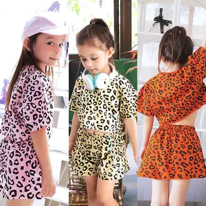 Özel üreticileri yaz leopar baskı yürümeye başlayan giysi setleri T-shirt üst şort çocuk kız eşofman kıyafet 2 PieceSet