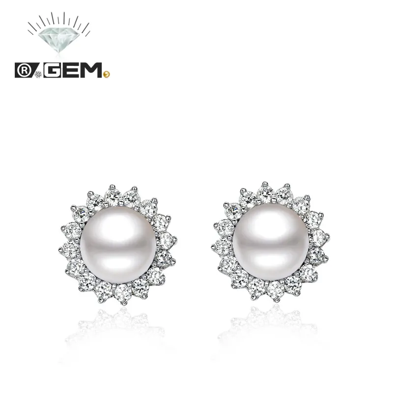R.Gem. Sterling Silver Sparkling Flower Earring Luxury White CZ Zircon Button Natural Freshwater Pearl Earrings