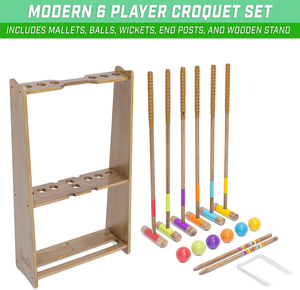 Ensemble <span class=keywords><strong>de</strong></span> <span class=keywords><strong>croquet</strong></span> en bois avec support <span class=keywords><strong>de</strong></span> rangement, jeu <span class=keywords><strong>de</strong></span> pelouse complet pour 6 joueurs avec maillets et balles colorés pour une utilisation en extérieur - Product Image 1