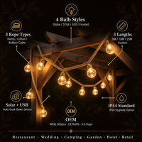 Guirnalda de Luces Solares con Cable de Cáñamo, IP44, 5-25M, Estilo de Bombilla Personalizable, Reemplazable, 3500K, Ra80, para Restaurante, Boda, Camping, OEM