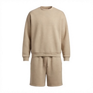 Ensemble de survêtement unisexe 2 pièces pour l'automne, sweat-shirt à col rond et short, couleur unie, 300-470 GSM, 80% coton molletonné, coupe ample, brodé - Product Image 1