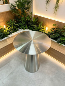 Tavolo Alto Moderno con Base Conica in Acciaio Inox Spazzolato e Sgabello da Bar Abbinato con Piano Radiale, Arredamento per Sala da Pranzo, Caffè e Bistrot - Product Image 3