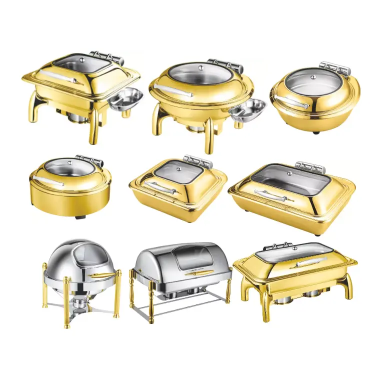 Luxury gold color wedding stainless steel brass serving chef chafing dish food warmer chaffing dishes copper gold buffet set pan