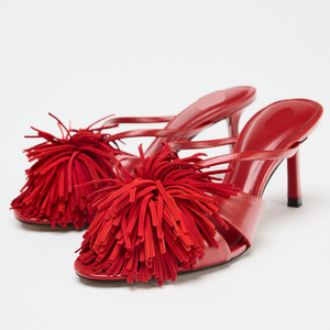 Yxnew verano <span class=keywords><strong>Coral</strong></span> rojo flecos tacón Delgado punta redonda Sexy sandalias de moda y Sexy zapatos de tacón alto para mujer Zapatillas - Product Image 1