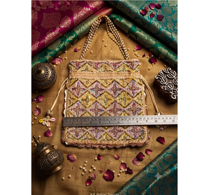 Handcrafted Silk Beige Saddle Potli <b>Bag</b> Purse <b>Sequin</b> Pearl Glass Bead Embroidery Classic Traditional Indian Lightweight Shoulder - Product Image 2