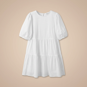 Women's Solid Pleated Linen-Look Cotton Tiered Mini <b>Dress</b> Short Puff Sleeve Neck Korean Simple Casual <b>Spring</b> Summer High Waist - Product Image 3