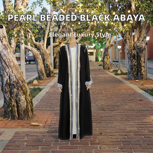 อาบายะห์วินเทจหรูหราไซส์ใหญ่แบบเปิด แขนประดับมุก ตกแต่งด้วยลูกปัดวิบวับ สีดำ ผ้าโพลีเอสเตอร์อิสลามิก  สามารถสั่งตัดได้ตามต้องการ - Product Image 2