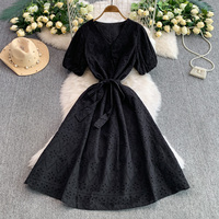 X736 gaun Midi motif Solid, Gaun Midi kasual ramping lengan Puff tunik kerah V potongan bunga kait gaya Perancis musim panas pola padat